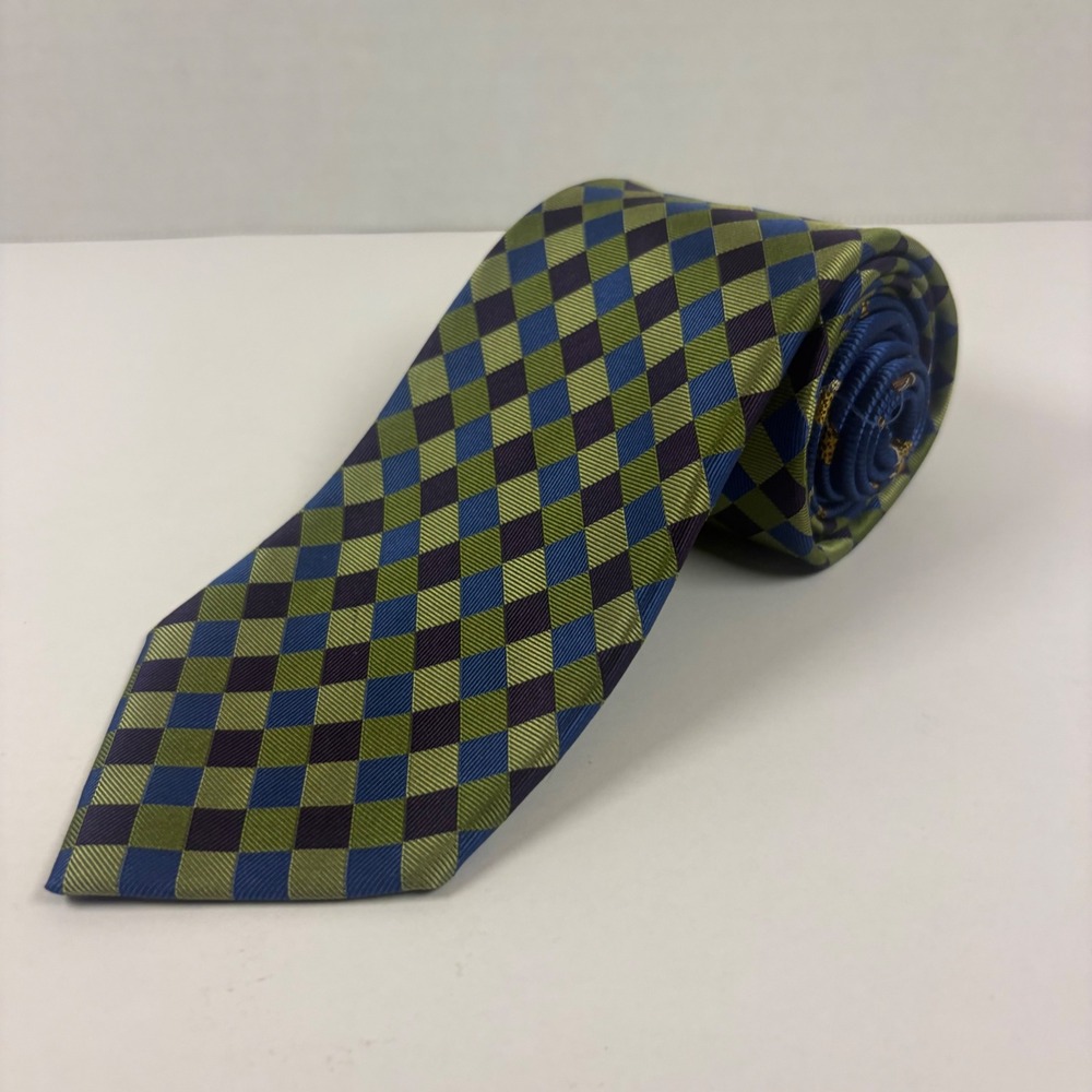 Paul Stuart Tie Mens 3.5" Green Blue Diamond Check Silk Necktie Japan Made 0309